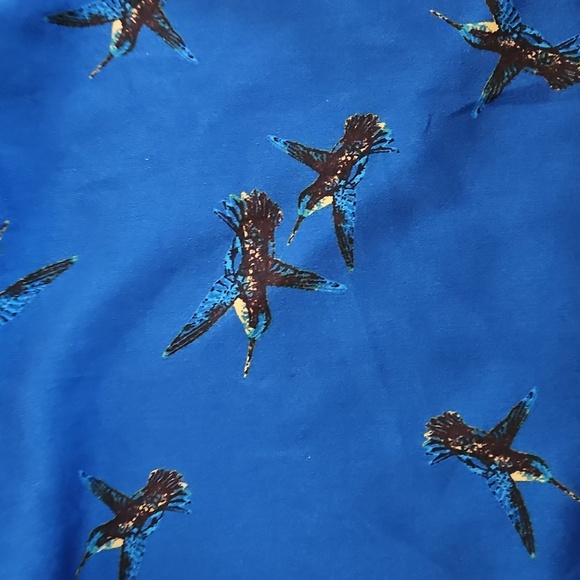 Kensie Blue A-Line Mini Dress, Cap Sleeves, Hummingbird Pattern, Belt, Zipper - Picture 7 of 12